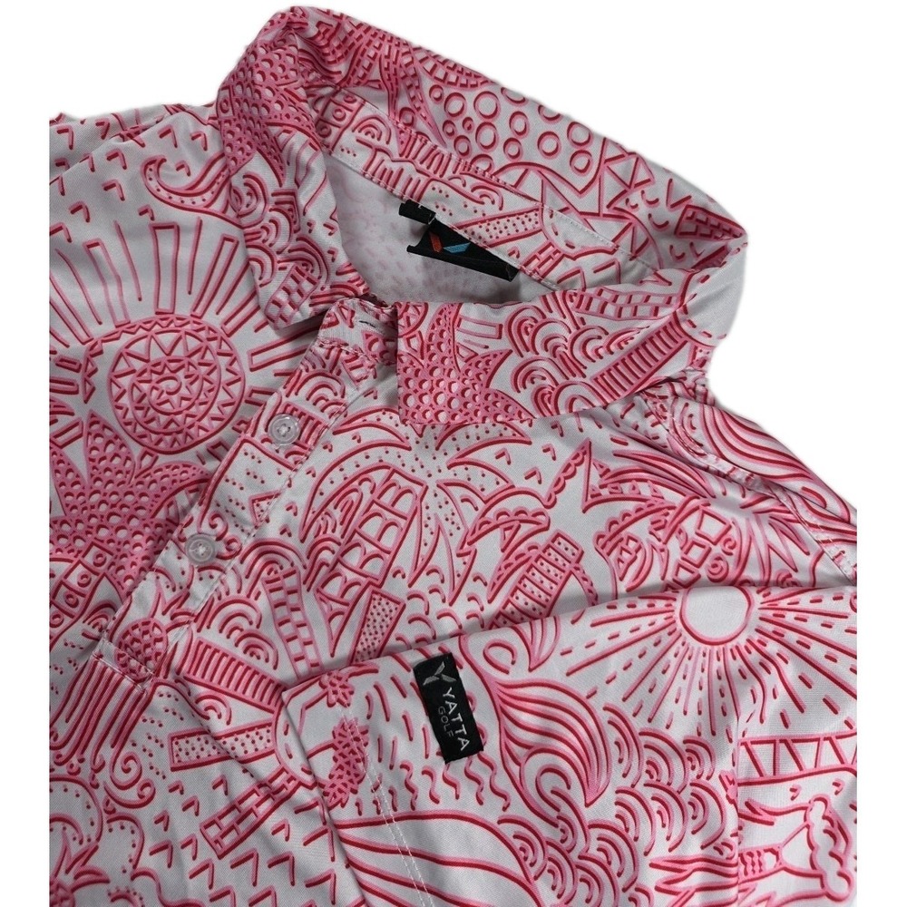 Yatta Golf Shirt Mens Sz L Pink White Polo Hawaiian Abstract Stretch Lightweight